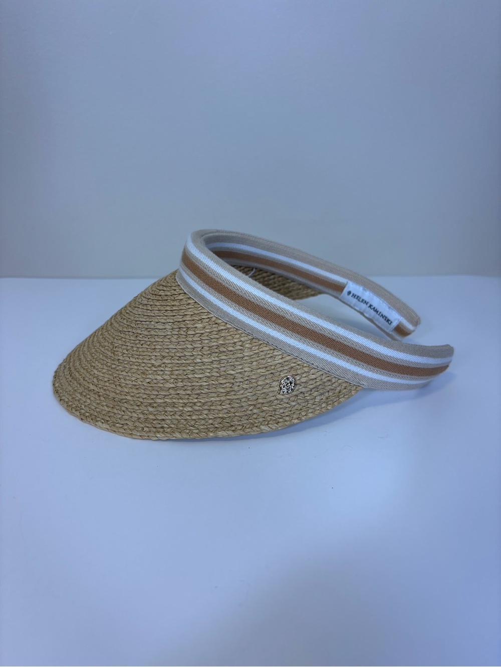 Helen Kaminski Straw Visor with White & Tan Stripe Band One Size